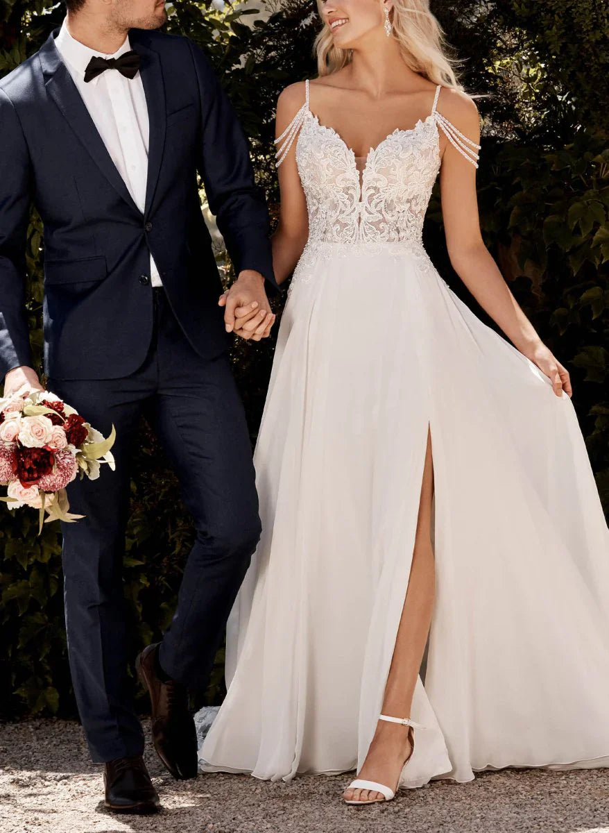 A Line V Neck Sweep Train Wedding Dress With Lace Split Front