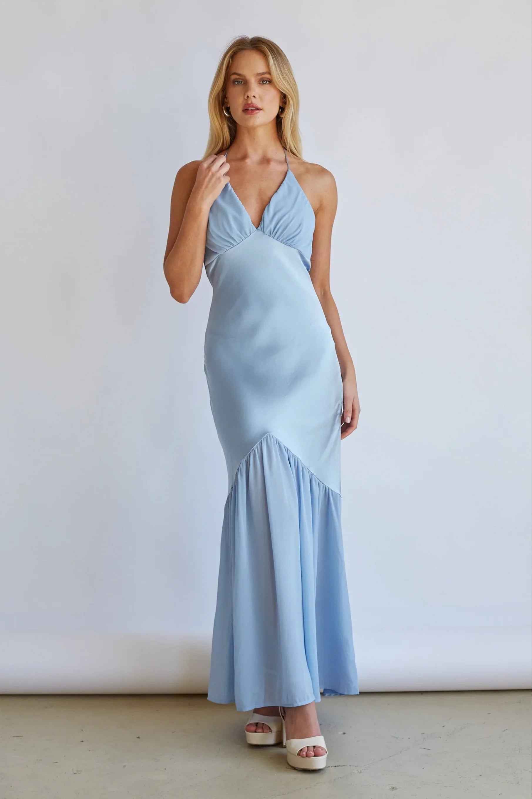 Lucinda Halter V Neck Open Back Satin Midi Dress