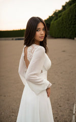 A Line Floor Chiffon Long Sleeve Wedding Dress with Sequins and Train