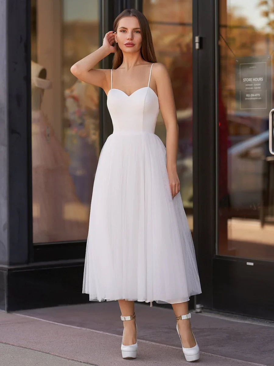 A Line Spaghetti Straps White Satin Tulle Tea Length Wedding Dresses