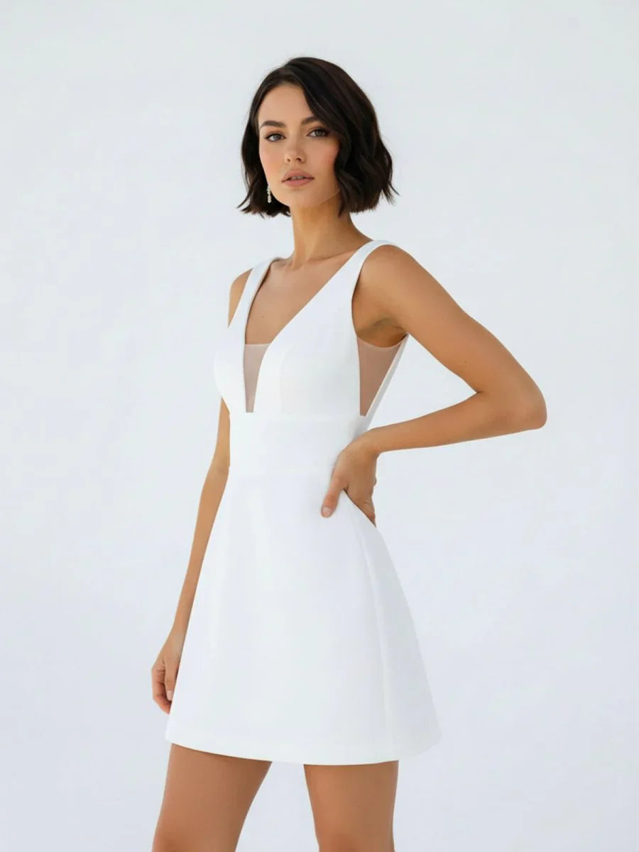 A Line V Neck Sleeveless Short Mini Satin Wedding Dresses