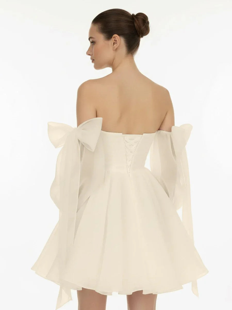 A Line Puff Long Sleeves Short Wedding Dresses With Bows
