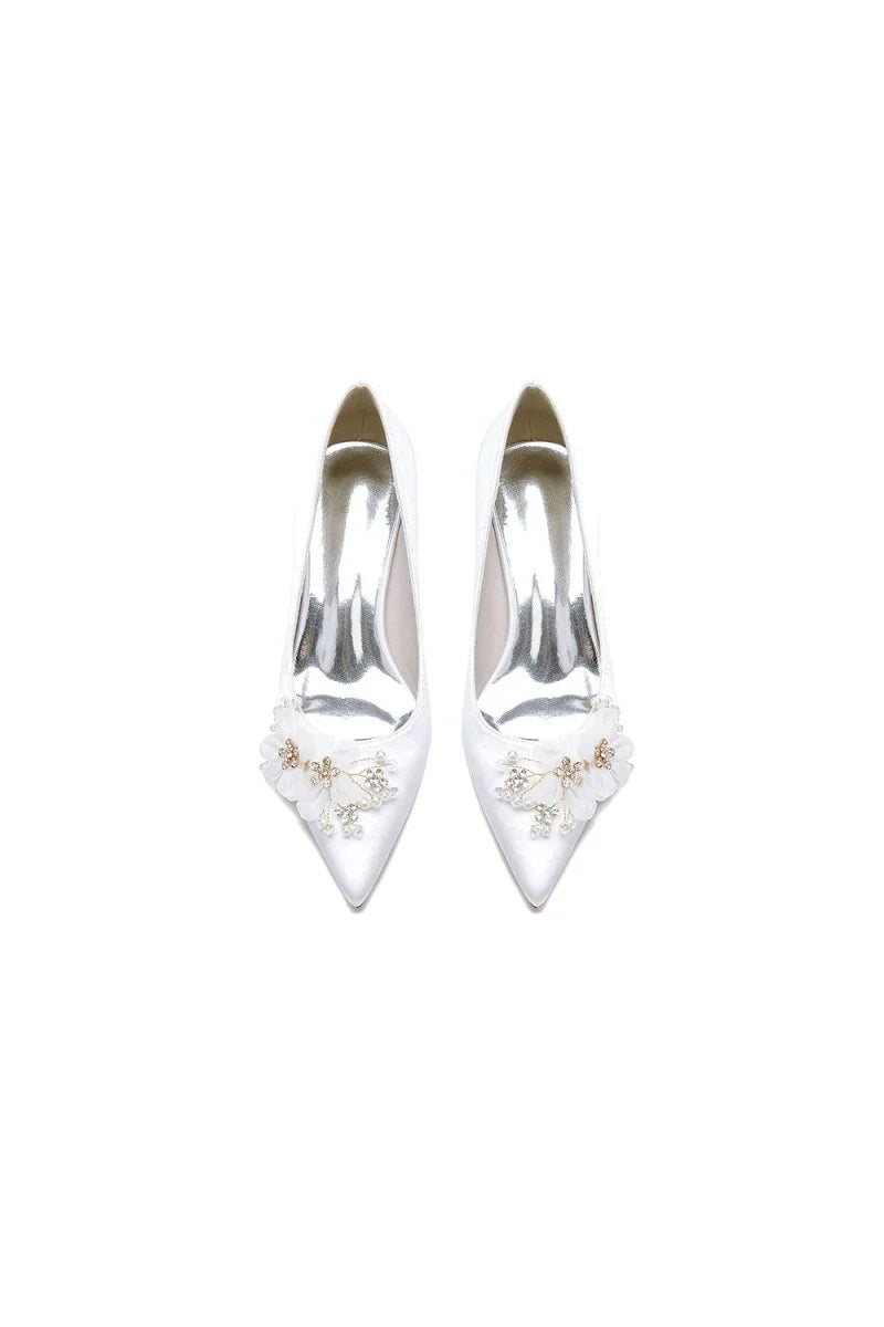 Pointed Toe White Rhinestone Chunky Heels with Flower