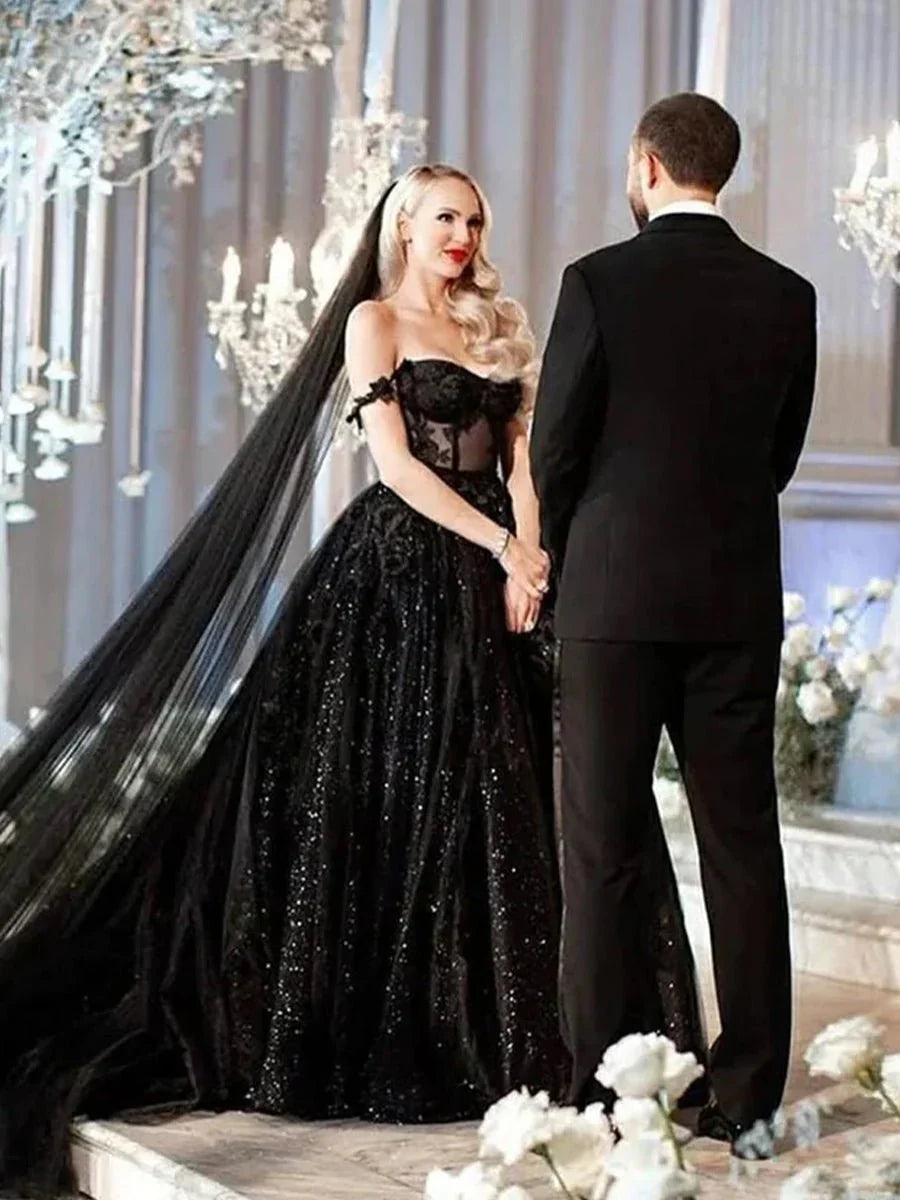 A Line Black Gothic Wedding Dresses with Sequin Lace Appliques