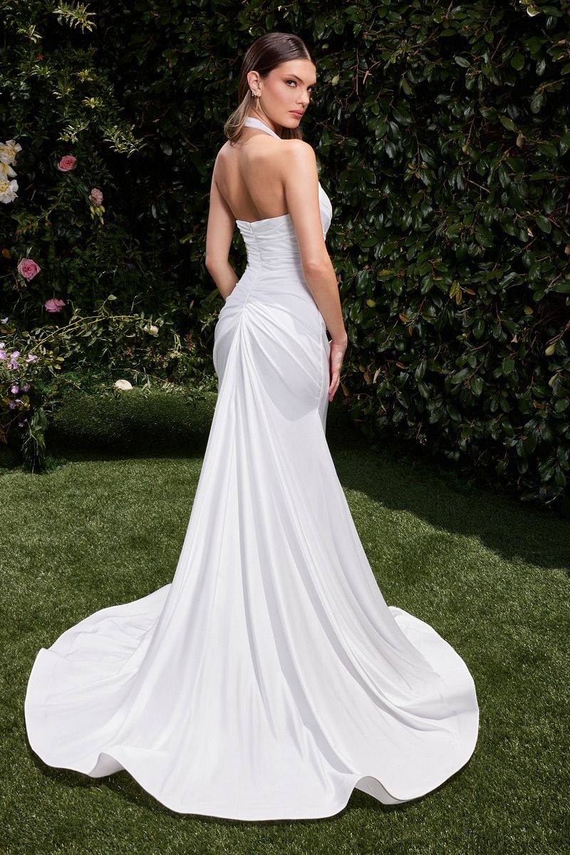 Autumn Gown Off White Stretch Spandex Satin Halter Fitted Dress