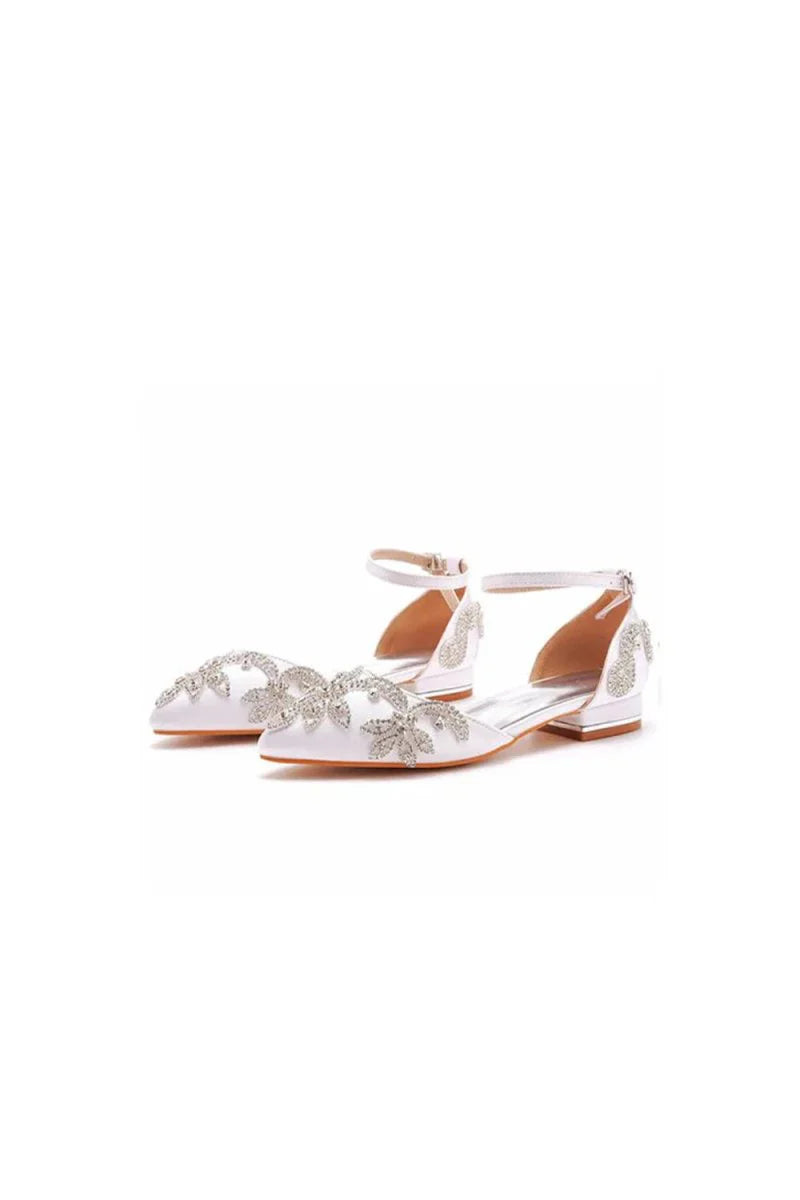 White Satin Rhinestone Flowers Pointed Toe Ankle Strap Chunky Heels