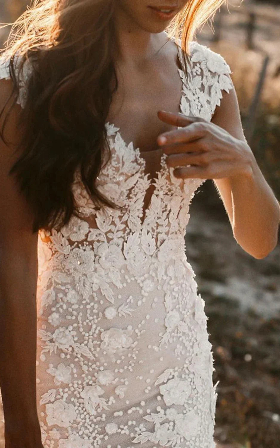 Boho Mermaid Wedding Dress Floral V neck Casual Gown with Open Back and Lace Appliques