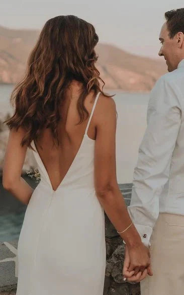 Simple Mermaid Satin Wedding Dress With Split Front And Deep V Back