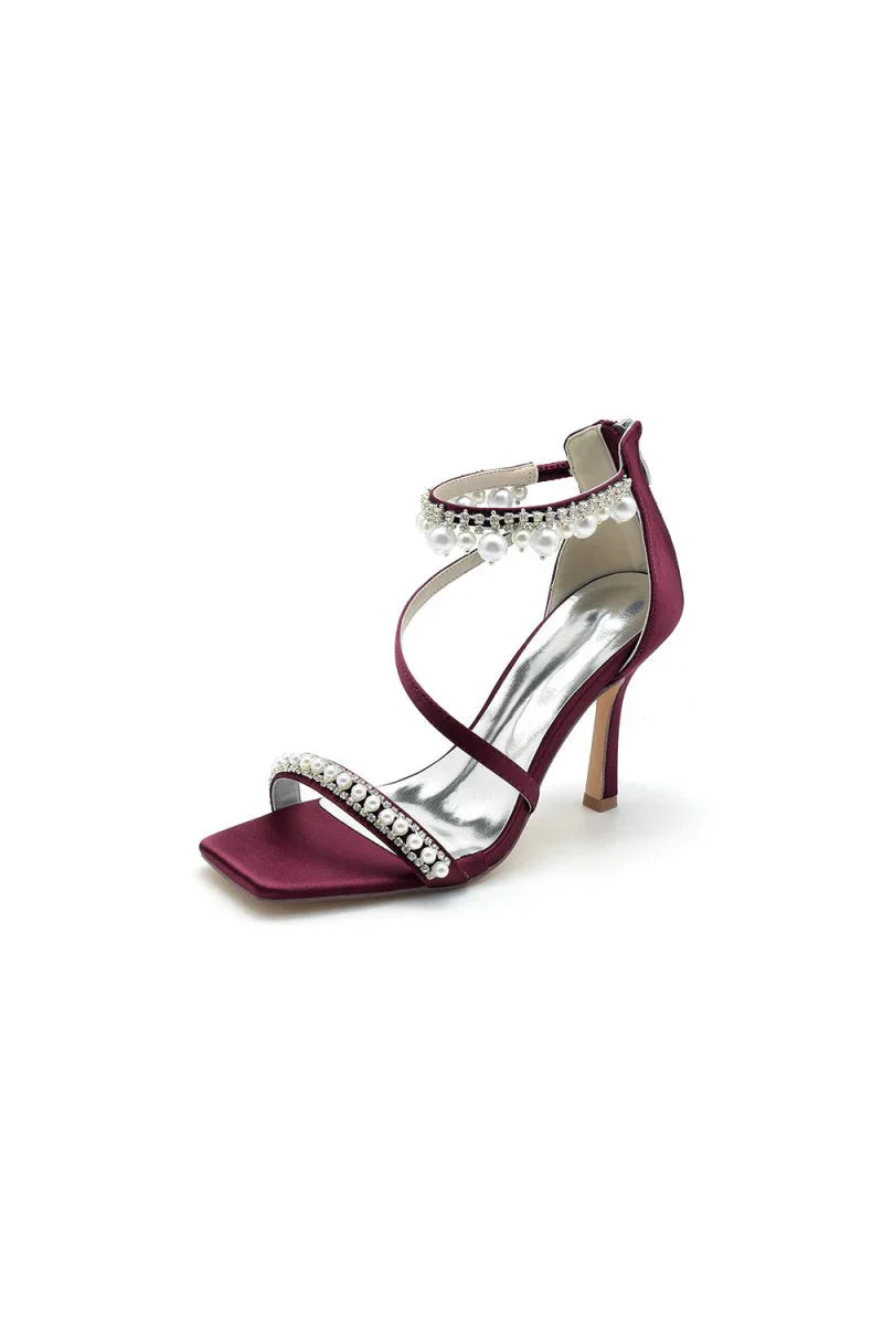 Square Open Toe Pearl Satin Stiletto Heels