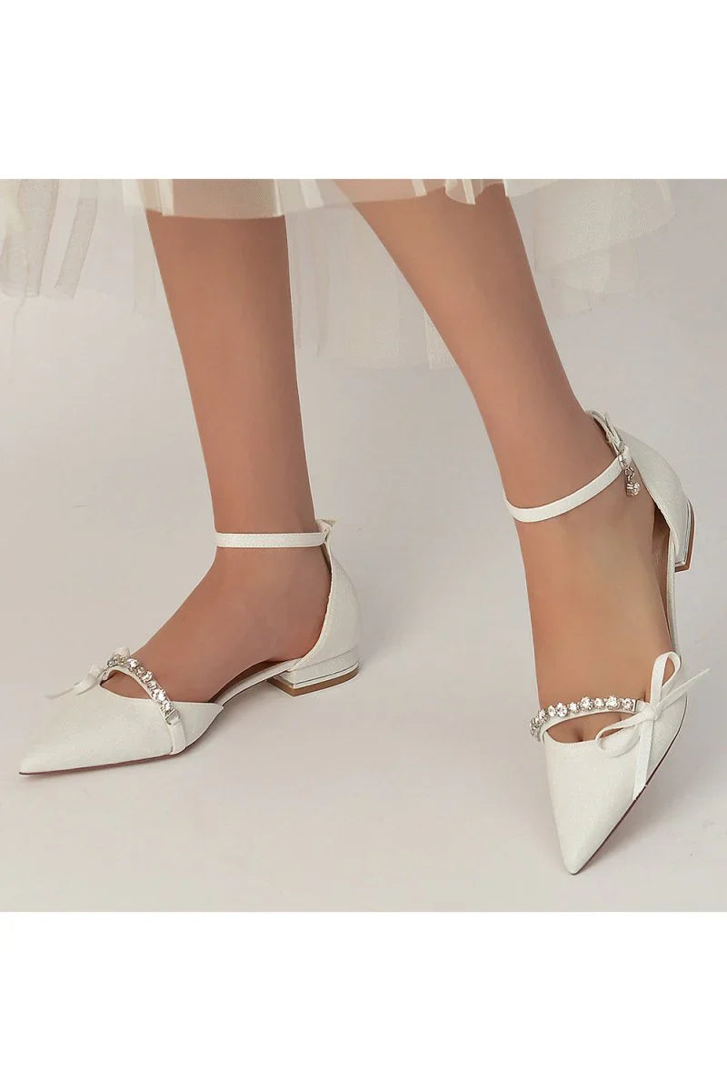 Beaded Pointed Toe Ankle Strap Wedding Shoes With Bow