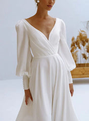 A Line V Neck Long Sleeves Chiffon Wedding Dresses With Beading