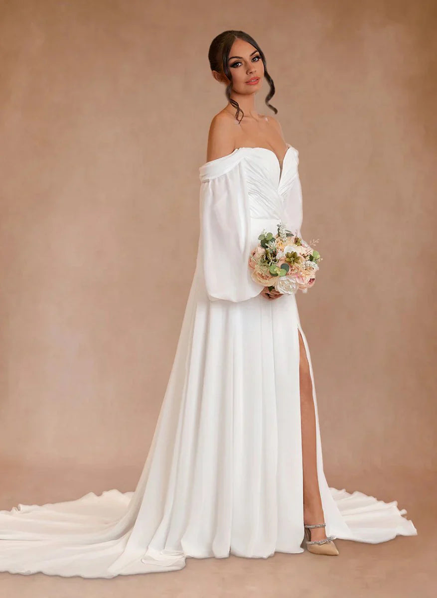 A Line Sweetheart Long Sleeves Chiffon Sweep Train Wedding Dress