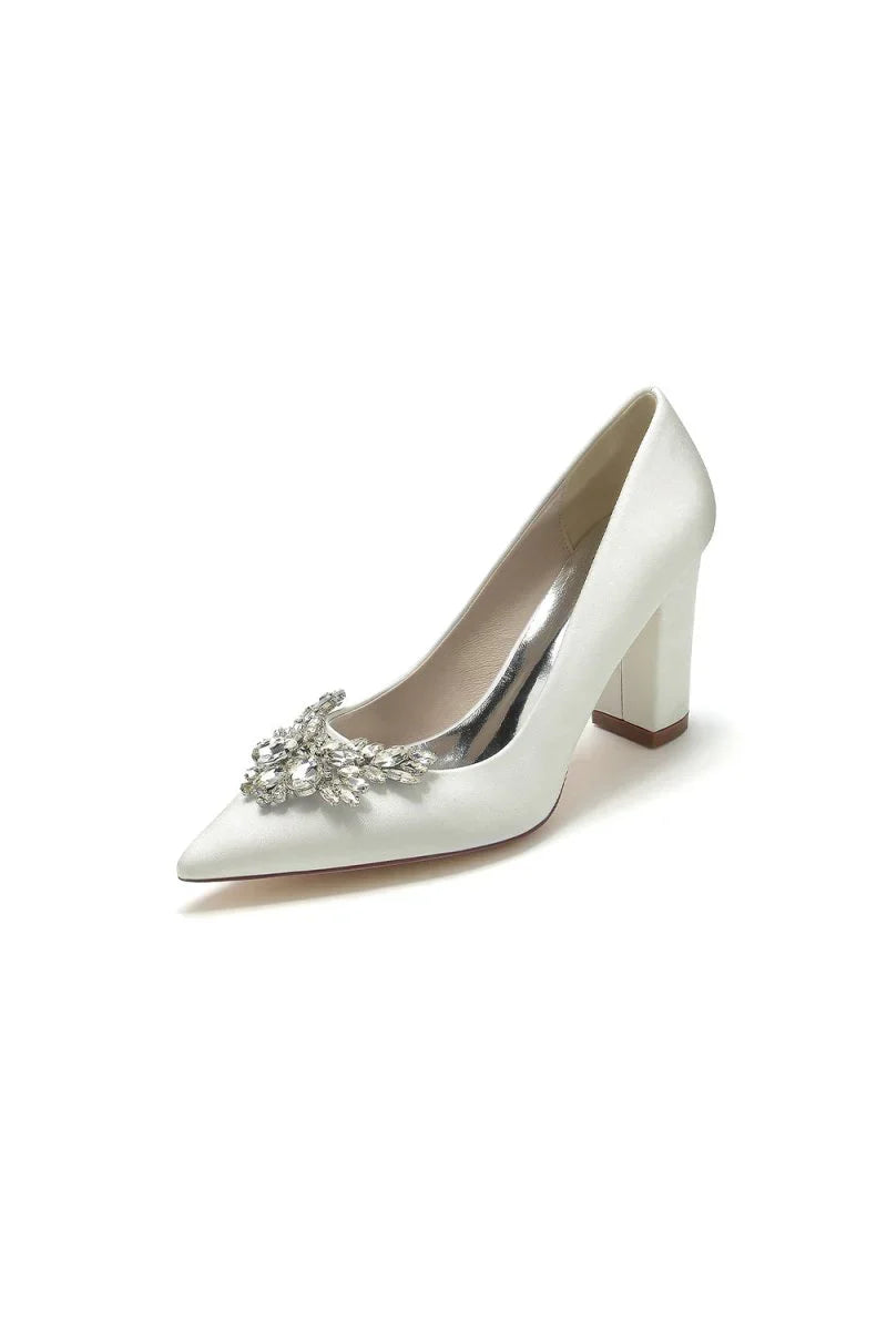 Satin Pointed Toe Slip on Chunky Heels With Rhinestone