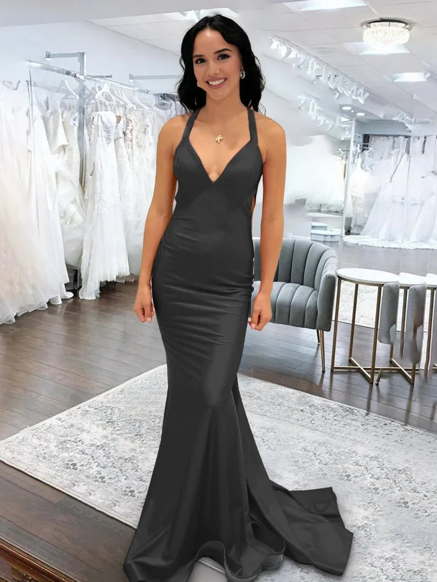 Angela Mermaid Pink V Neck Backless Satin Long Prom Dress