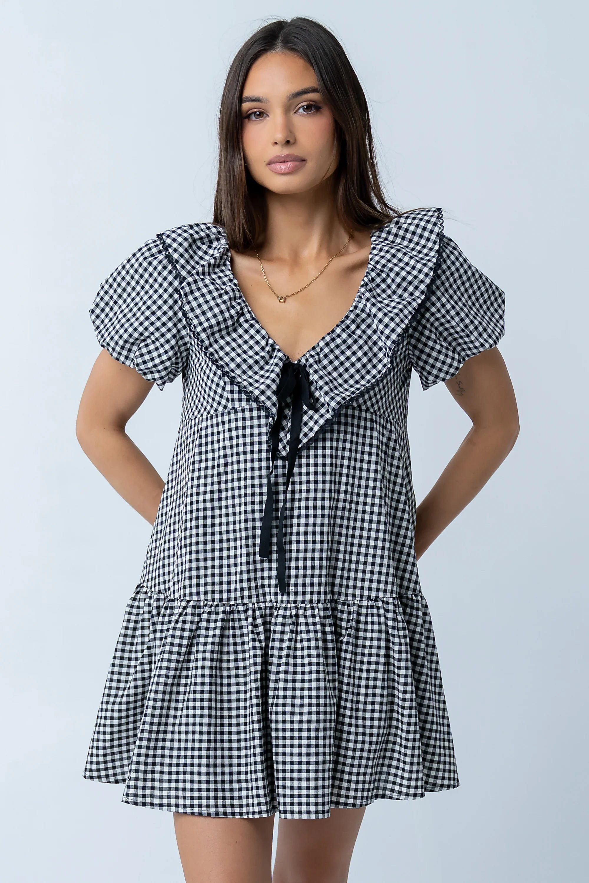 Tony Gingham Baby Doll Dress in Black