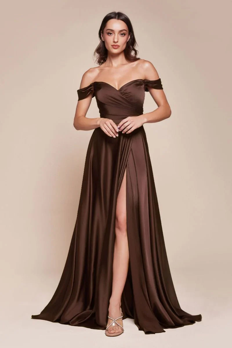 JILLIAN GOWN A LINE SOFT SATIN OFF THE SHOULDER DRESS