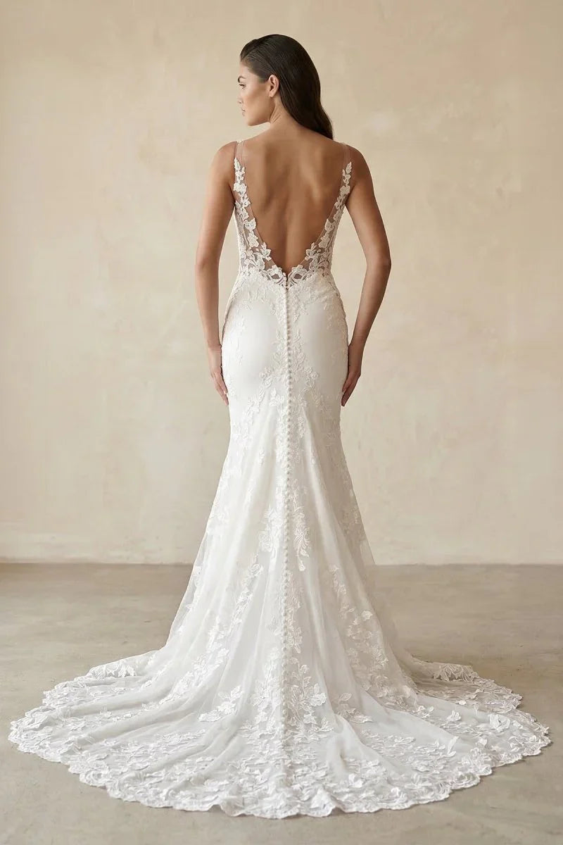 Mermaid V Neck Satin Wedding Dresses with Lace Appliques