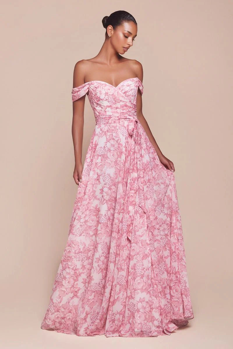 TILDA GOWN ROSE OFF THE SHOULDER FLORAL PRINTED A LINE DRESS