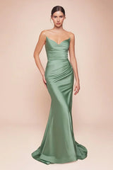 AVA POINTED V NECKLINE GOWN STRAPLESS STRETCH SPANDEX SATIN FITTED DRESS