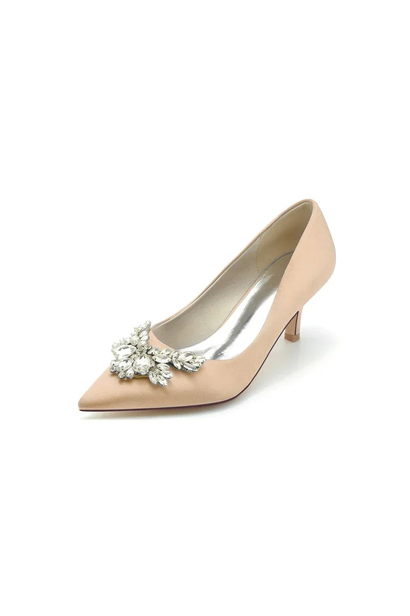 Rhinestone Pointed Toe Satin Kitten Heels