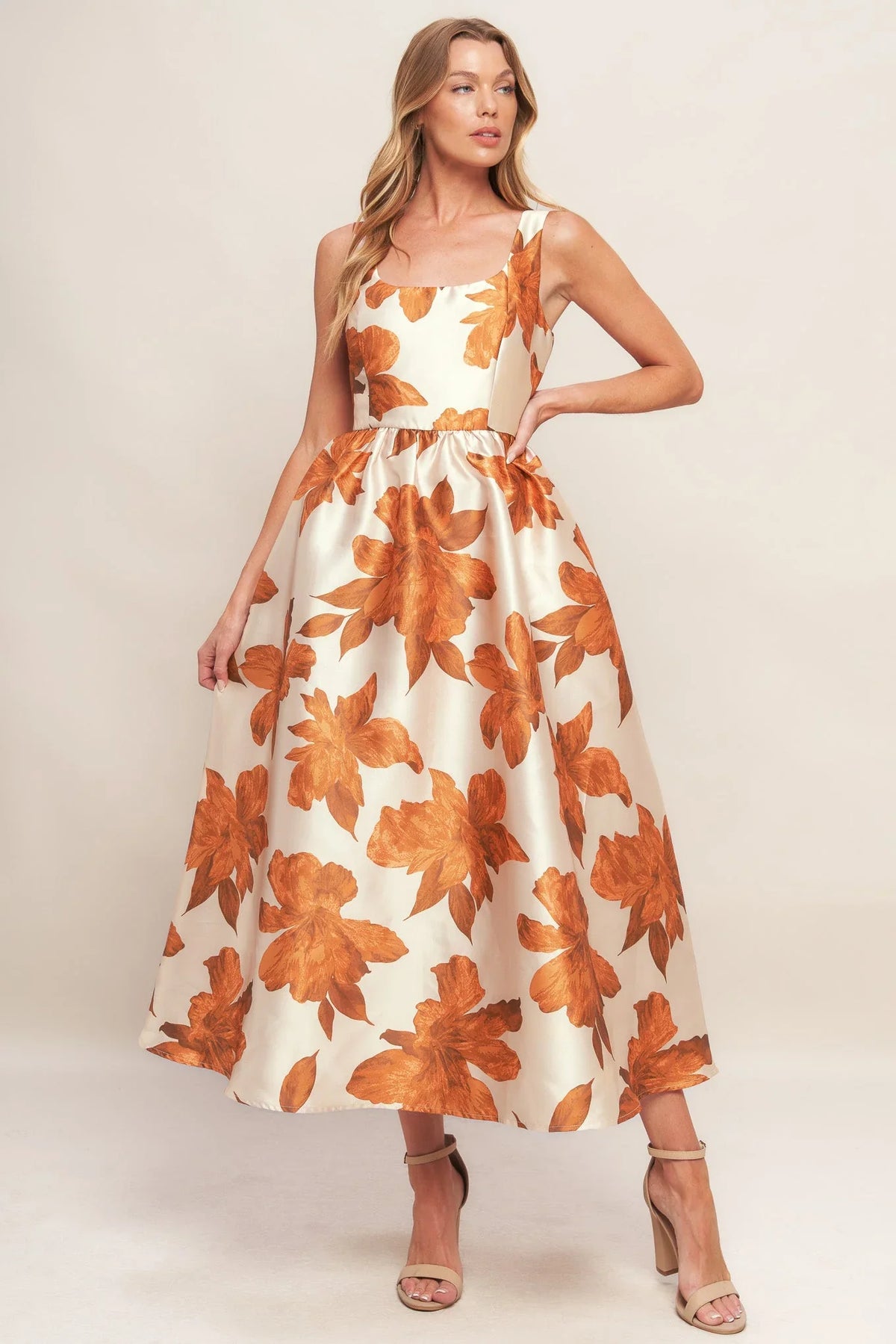 FALL FLORAL SATIN MIDI DRESS RUST