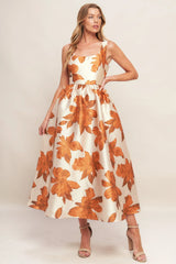 FALL FLORAL SATIN MIDI DRESS RUST