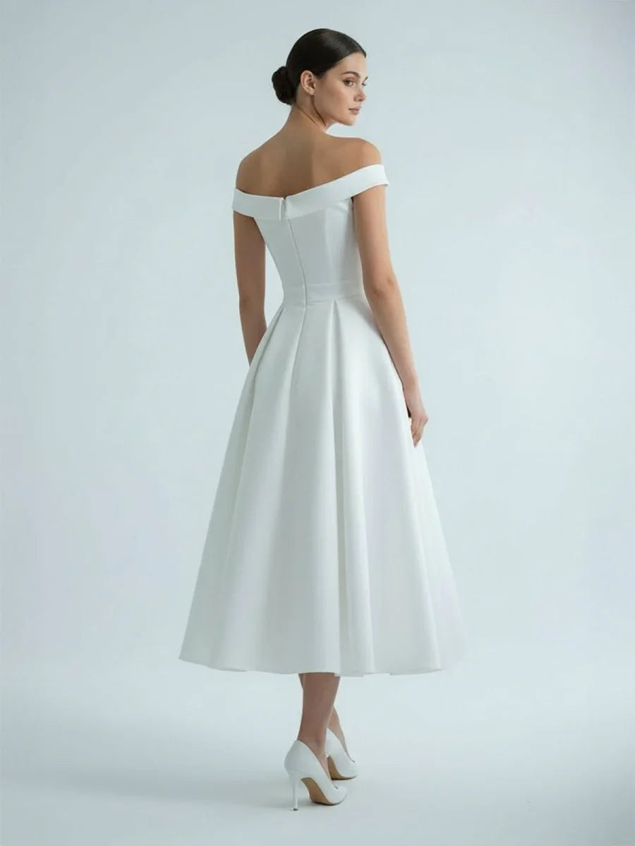Sleeveless Tea Length Satin Wedding Dress With Sash And Off The Shoulder Neck