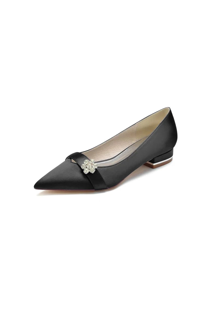 Satin Pointed Toe Floral Beading Kitten Heels