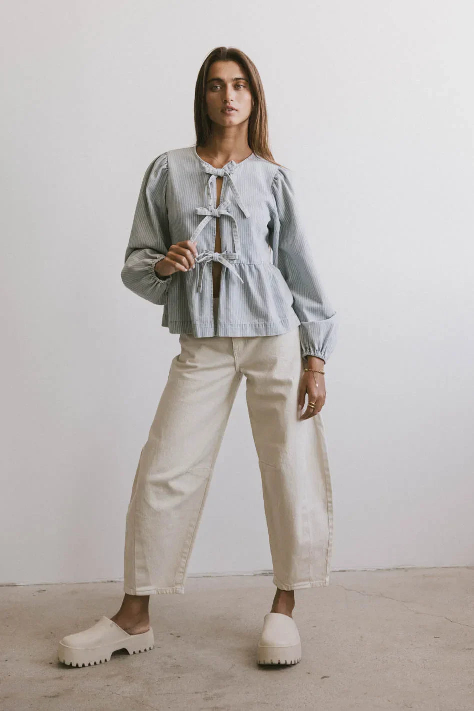 Maggie Peplum Tie Blouse in Light Wash FINAL SALE