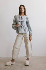 Maggie Peplum Tie Blouse in Light Wash FINAL SALE