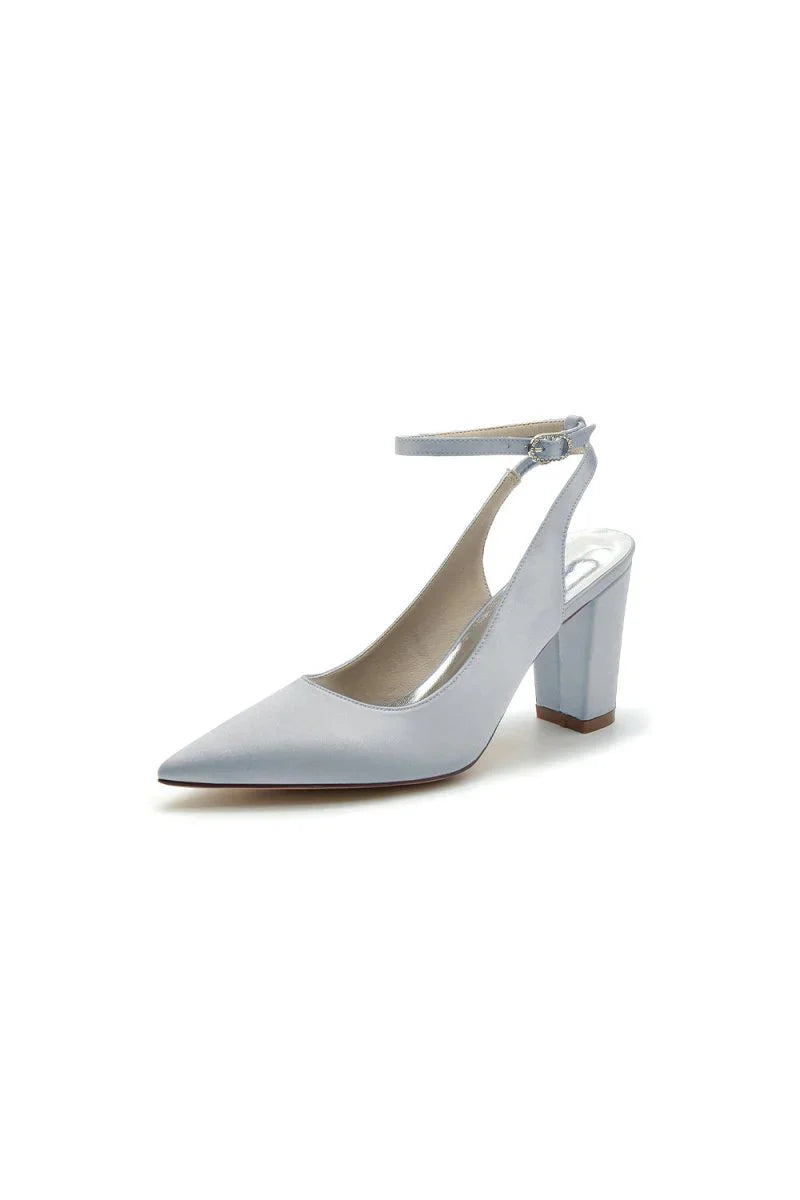 Satin Pointed Toe Ankle Strap Chunky Heels