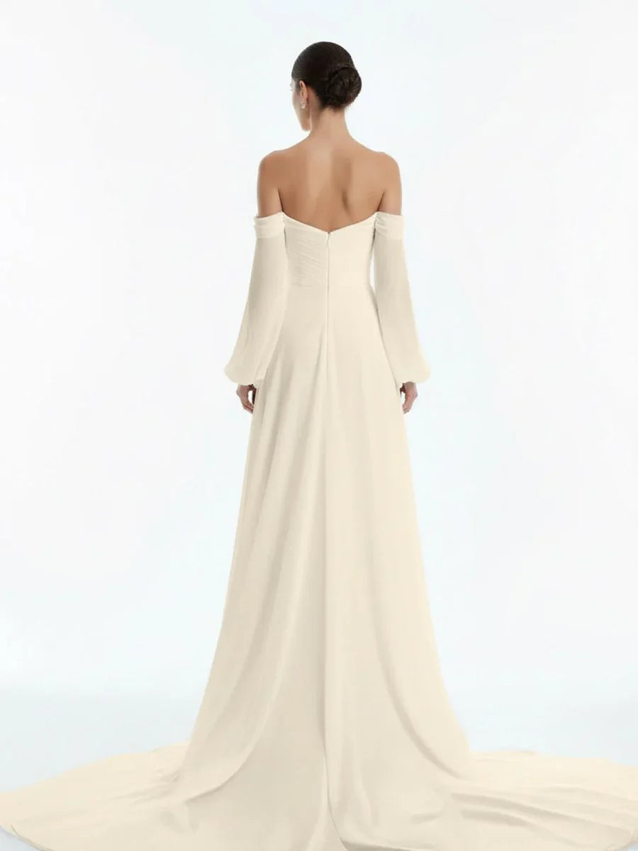A Line Sweetheart Long Sleeves Chiffon Sweep Train Wedding Dress
