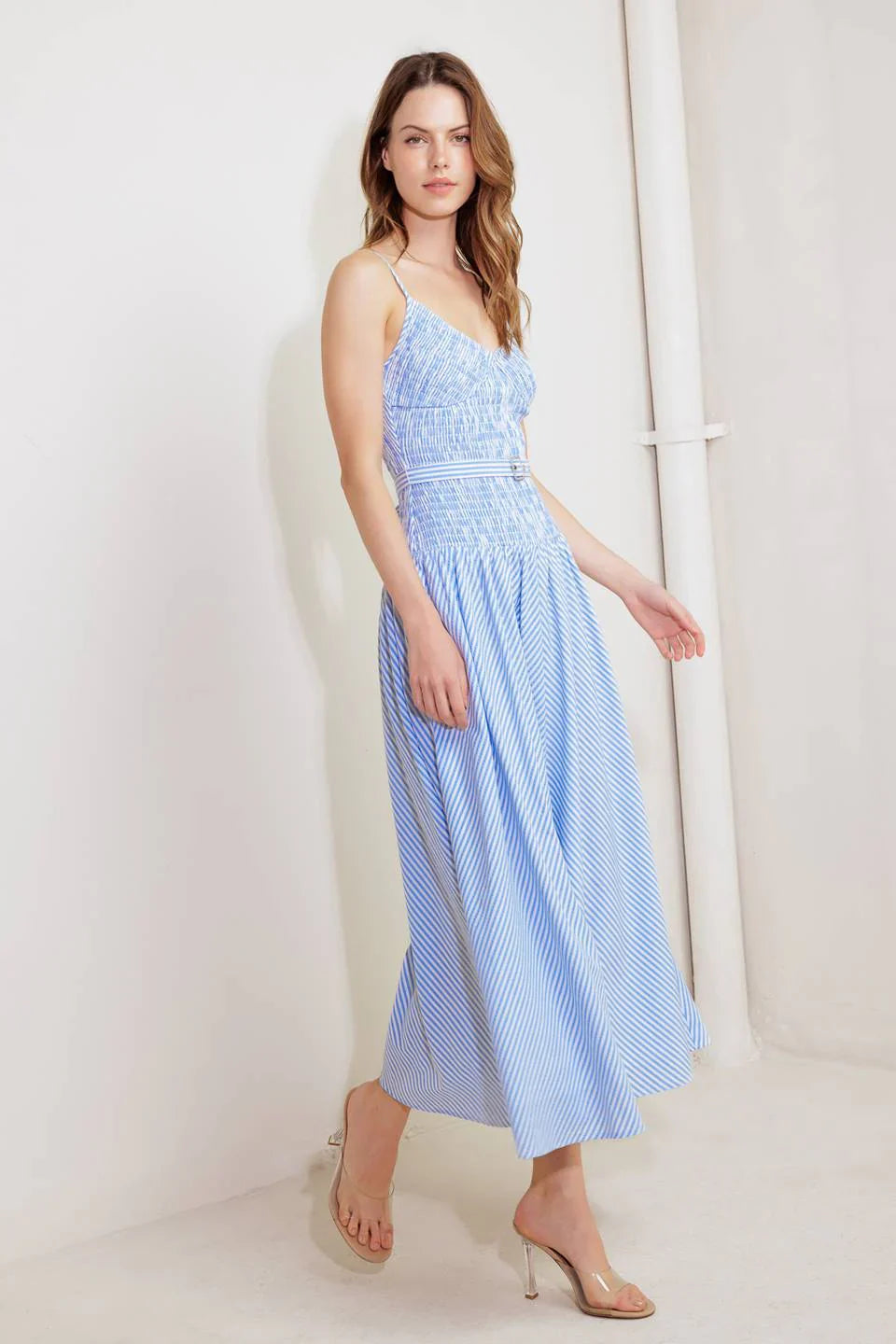 JOURNI STRIPED MIDI DRESS BLUE WHITE