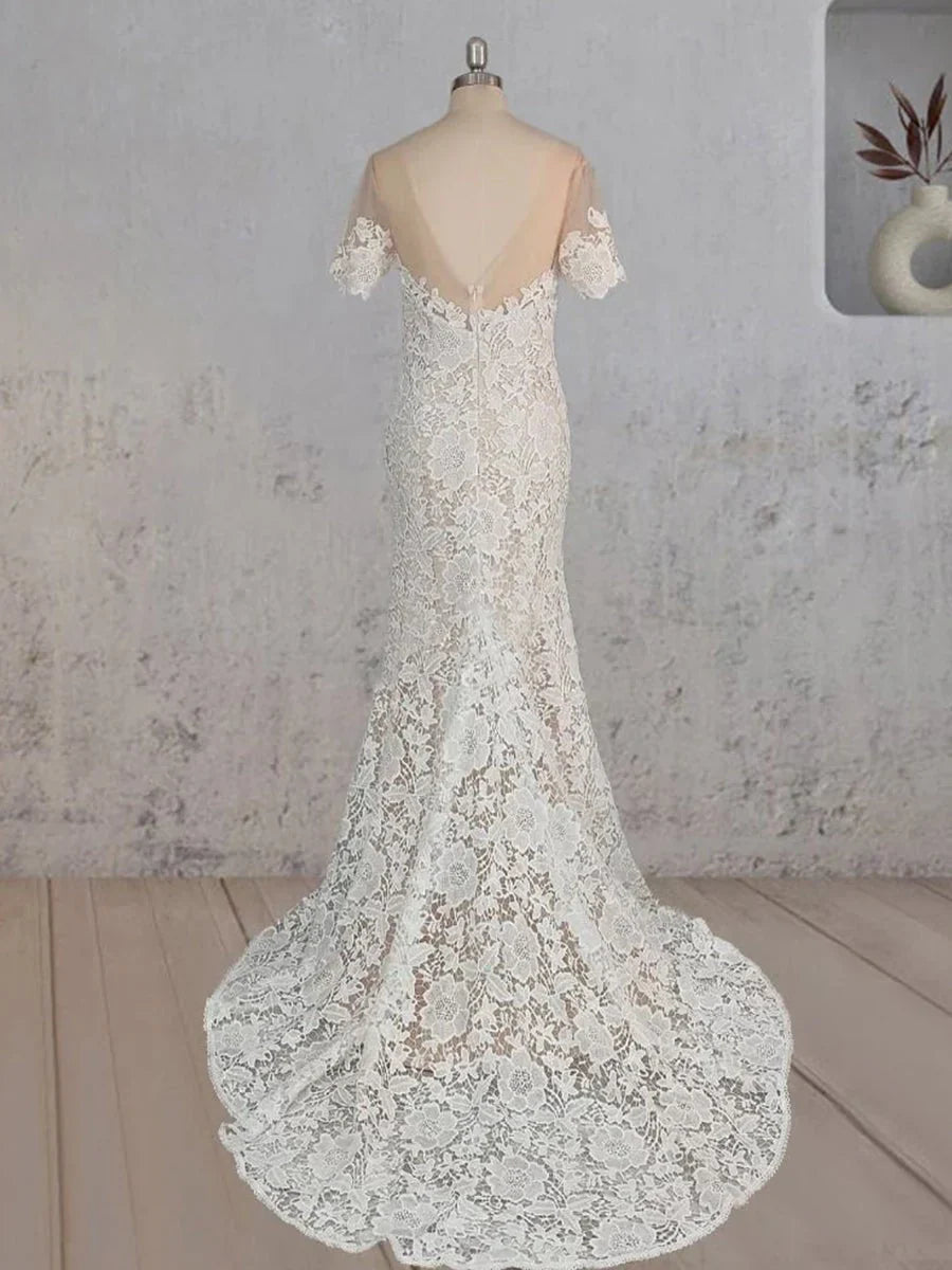 Mermaid Scoop Illusion Neck Floral Wedding Dress