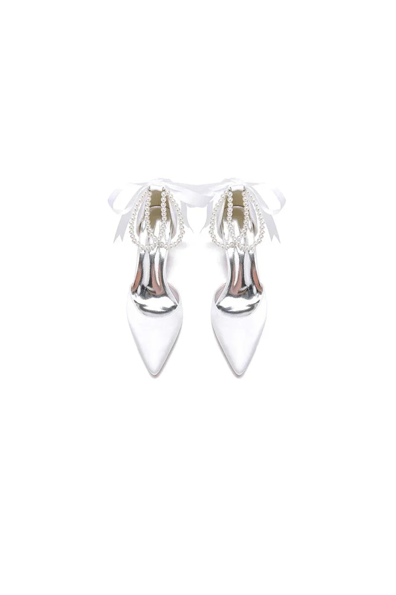 Pointed Toe Pearl Ribbon Ankle Strap Chunky Heel