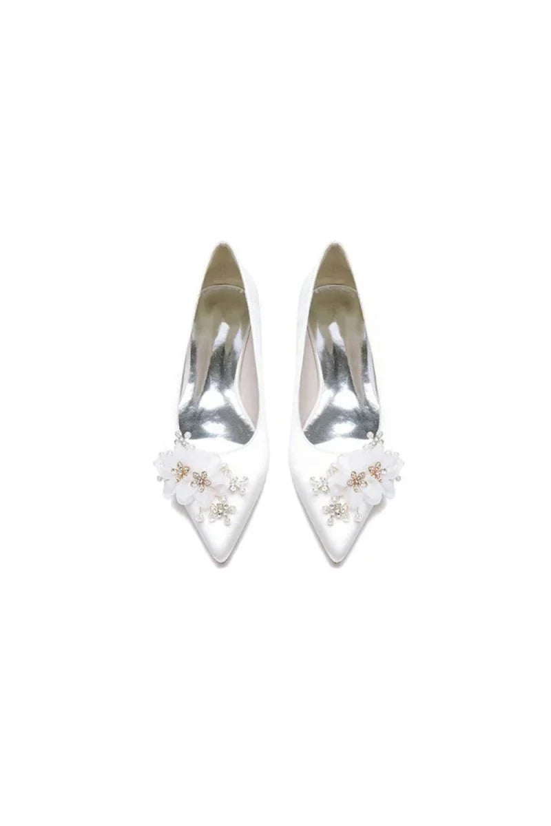 Satin Champagne Flats with Delicate Flower Embellishments