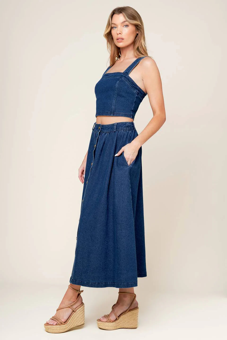 SIMPLY THE VIBE DENIM CROP TOP SKIRT SET