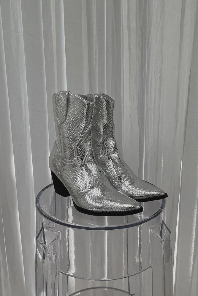 Bambi Silver Snake Western Ankle Boot