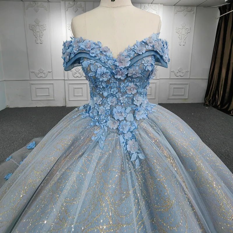 Quinceanera Blue Off the Shoulder Ball Gown Flower Dress