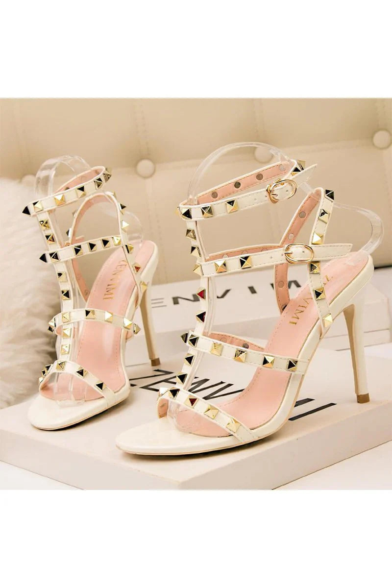 Studded Strappy Leather Open Toe High Heels