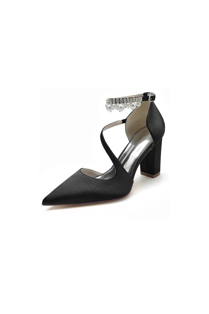White Satin Heels with Cross Strap Design and Pearl Accented Buckle