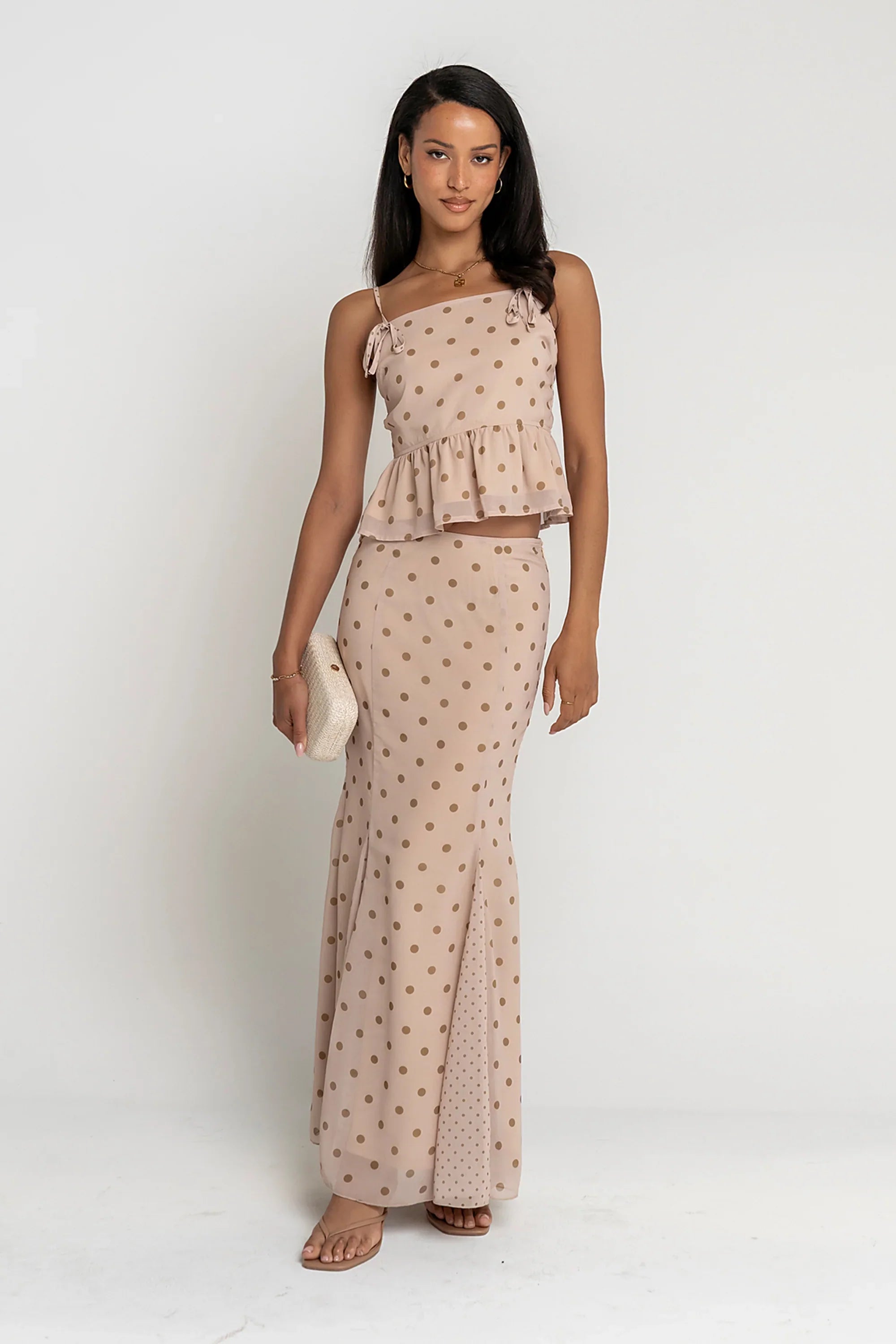 Freida Polka Dot Maxi Skirt in Taupe