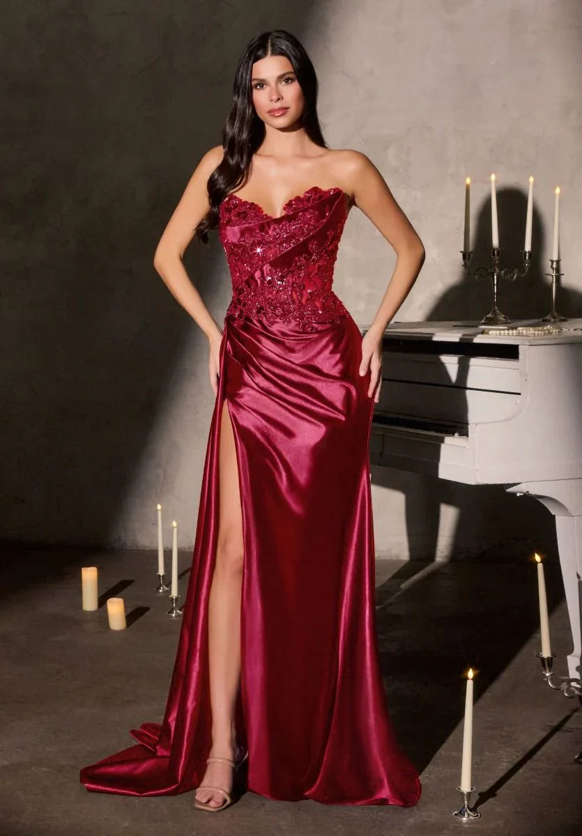 Leslie Gown Strapless Floral Beaded Evening Dress