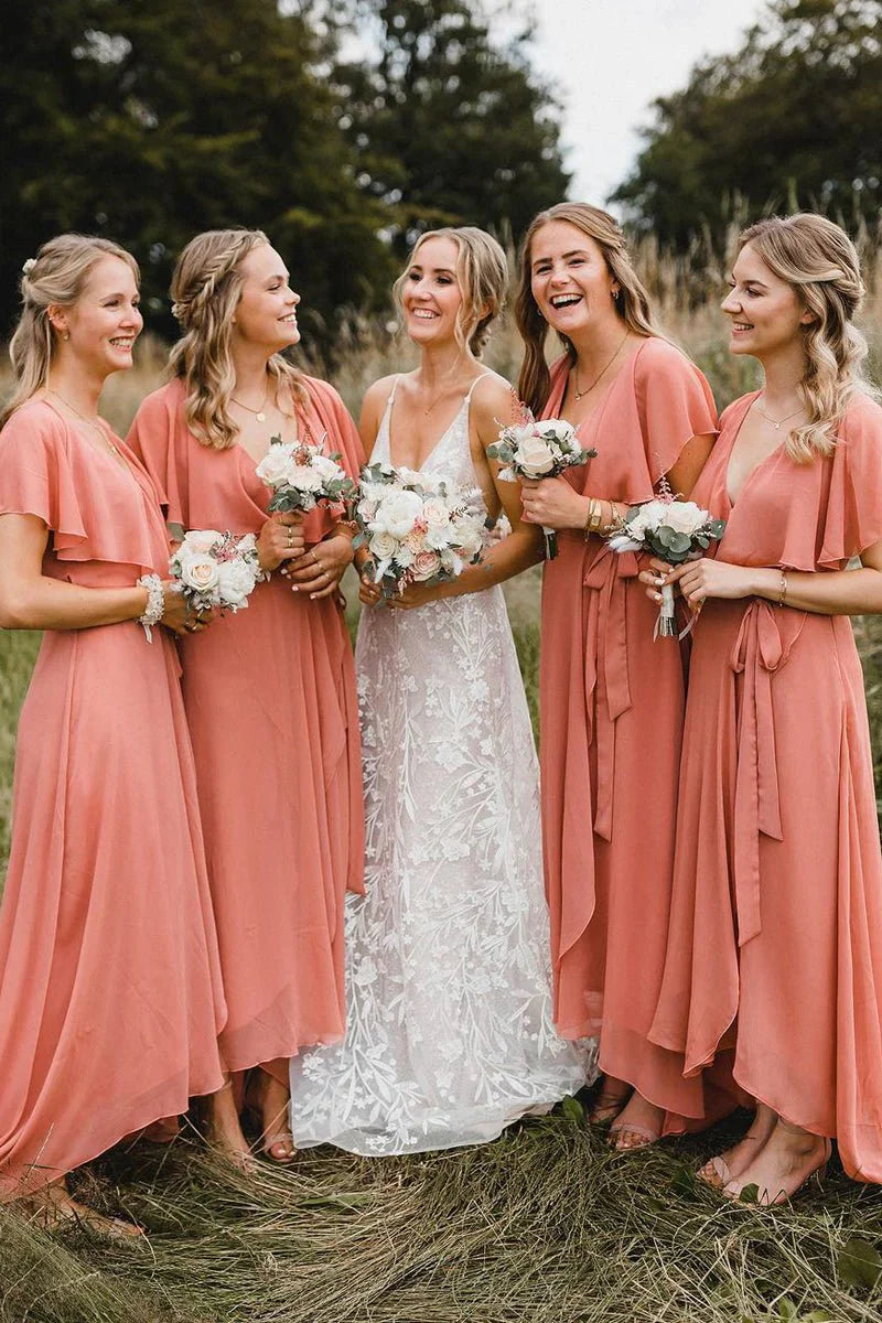 Simple A Line Coral Chiffon Long Bridesmaid Dresses
