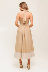 HYDRANGEA HAZE HALTER MIDI DRESS TAUPE