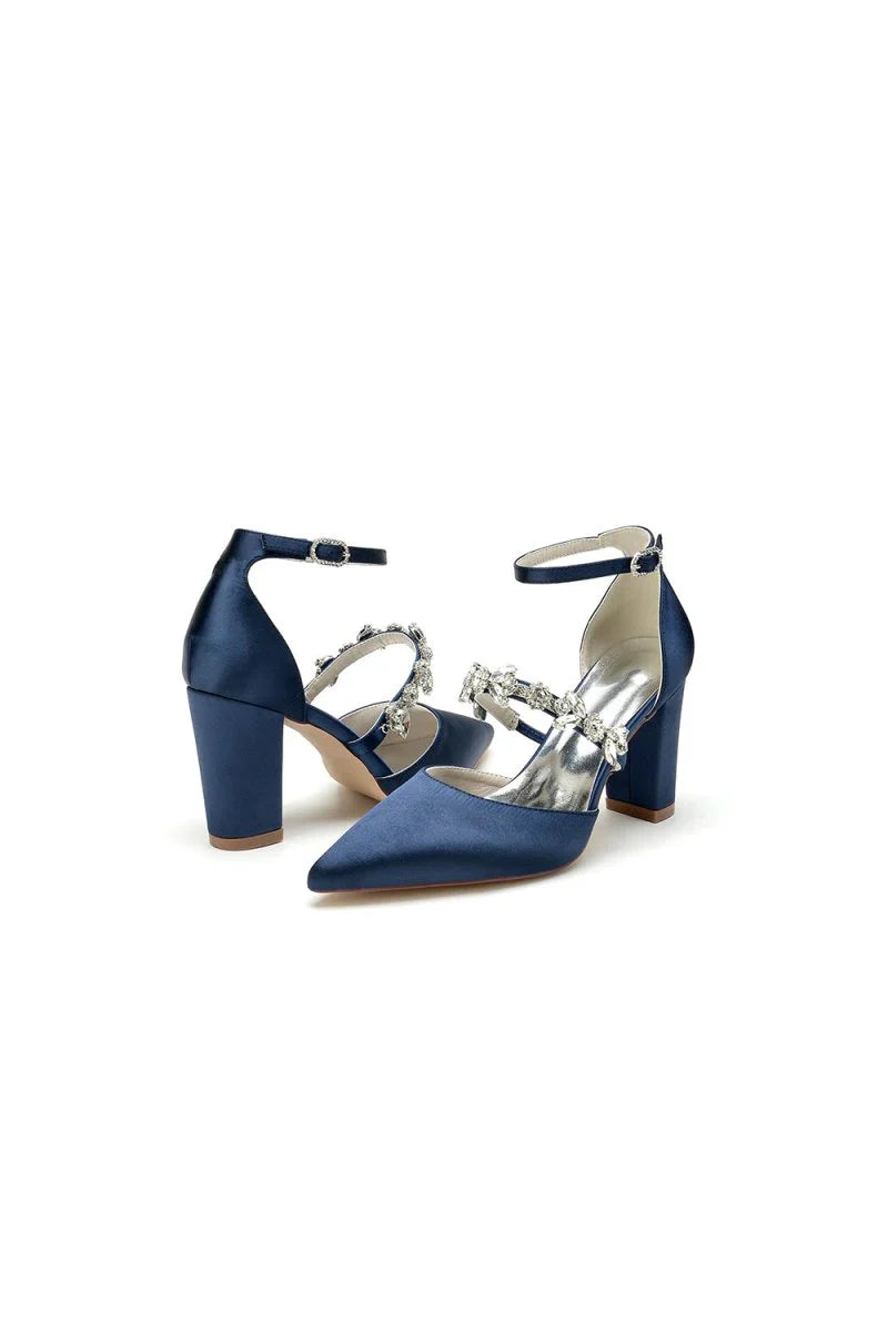 Satin Pointed Toe Rhinestone Strappy Chunky Heels