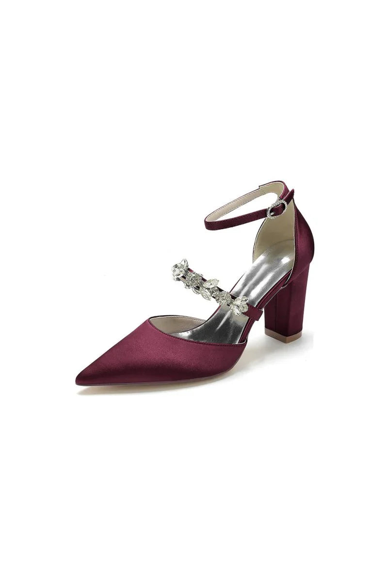 Satin Pointed Toe Rhinestone Strappy Chunky Heels