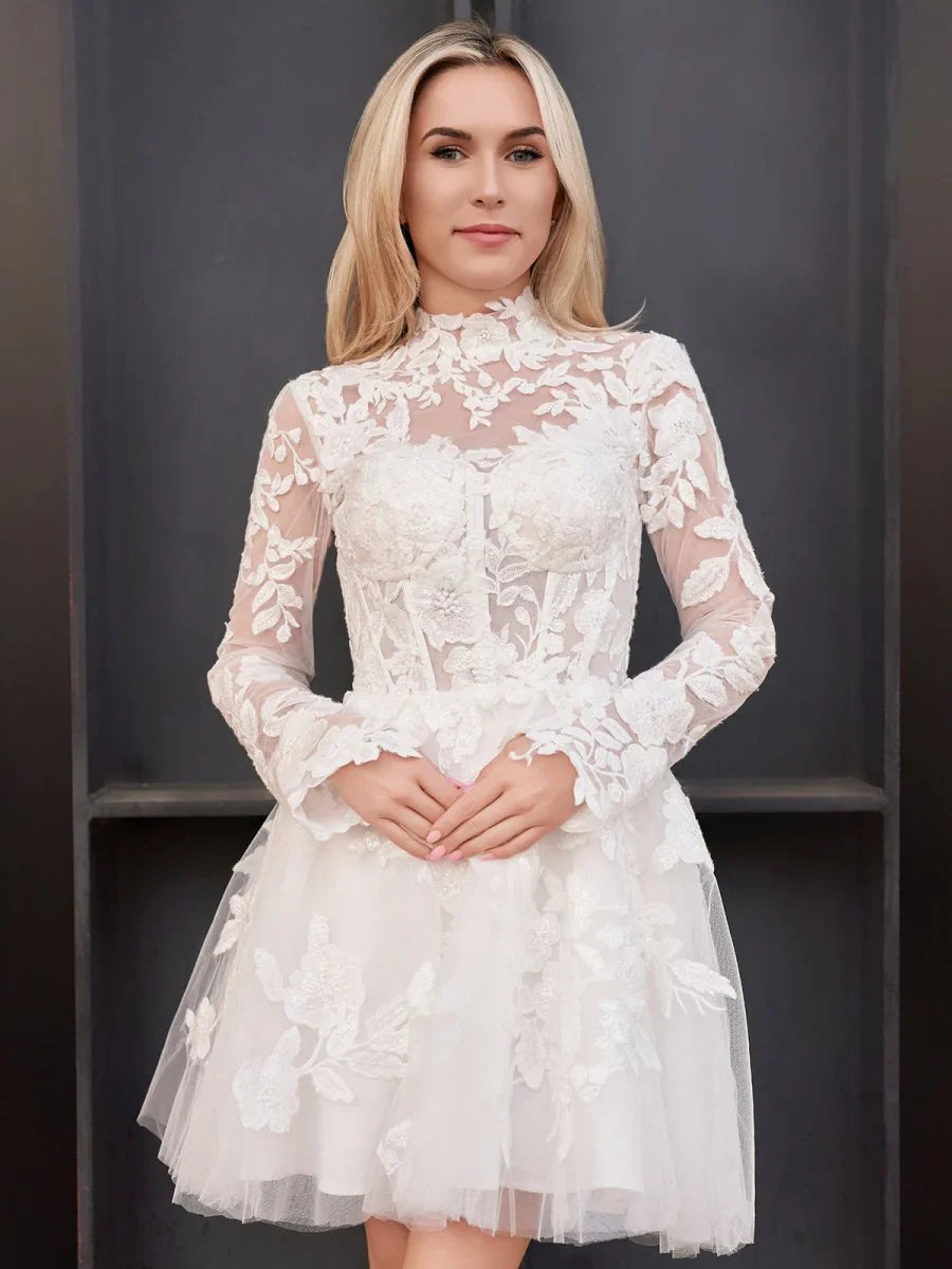 Short White A Line Illusion Neck Long Sleeves Lace Wedding Dresses