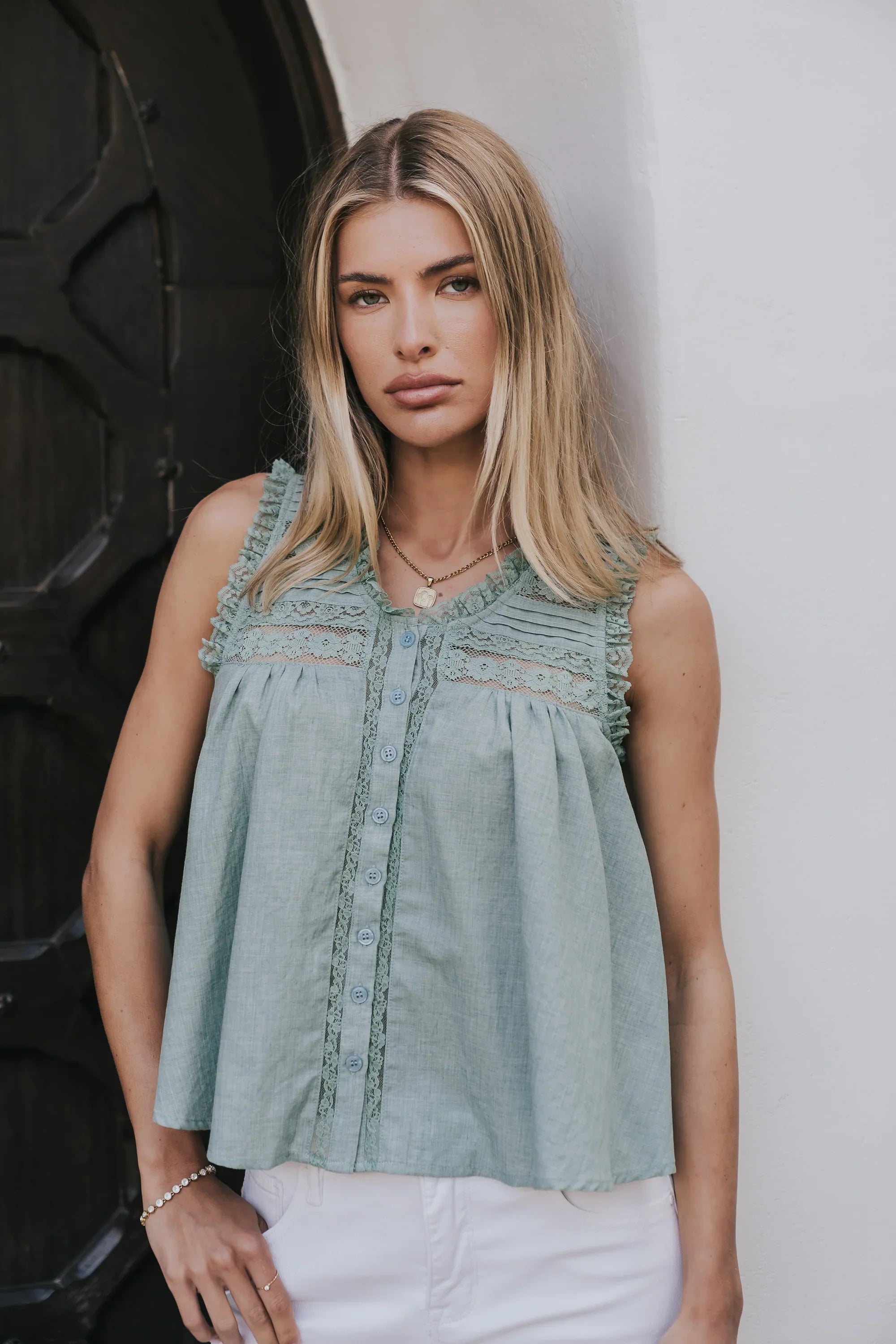 Megan Button Up Tank in Teal