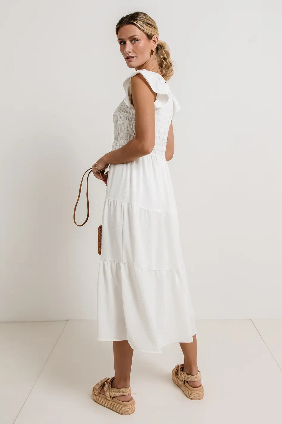 Rain Smocked Midi Dress in White FINAL SALE